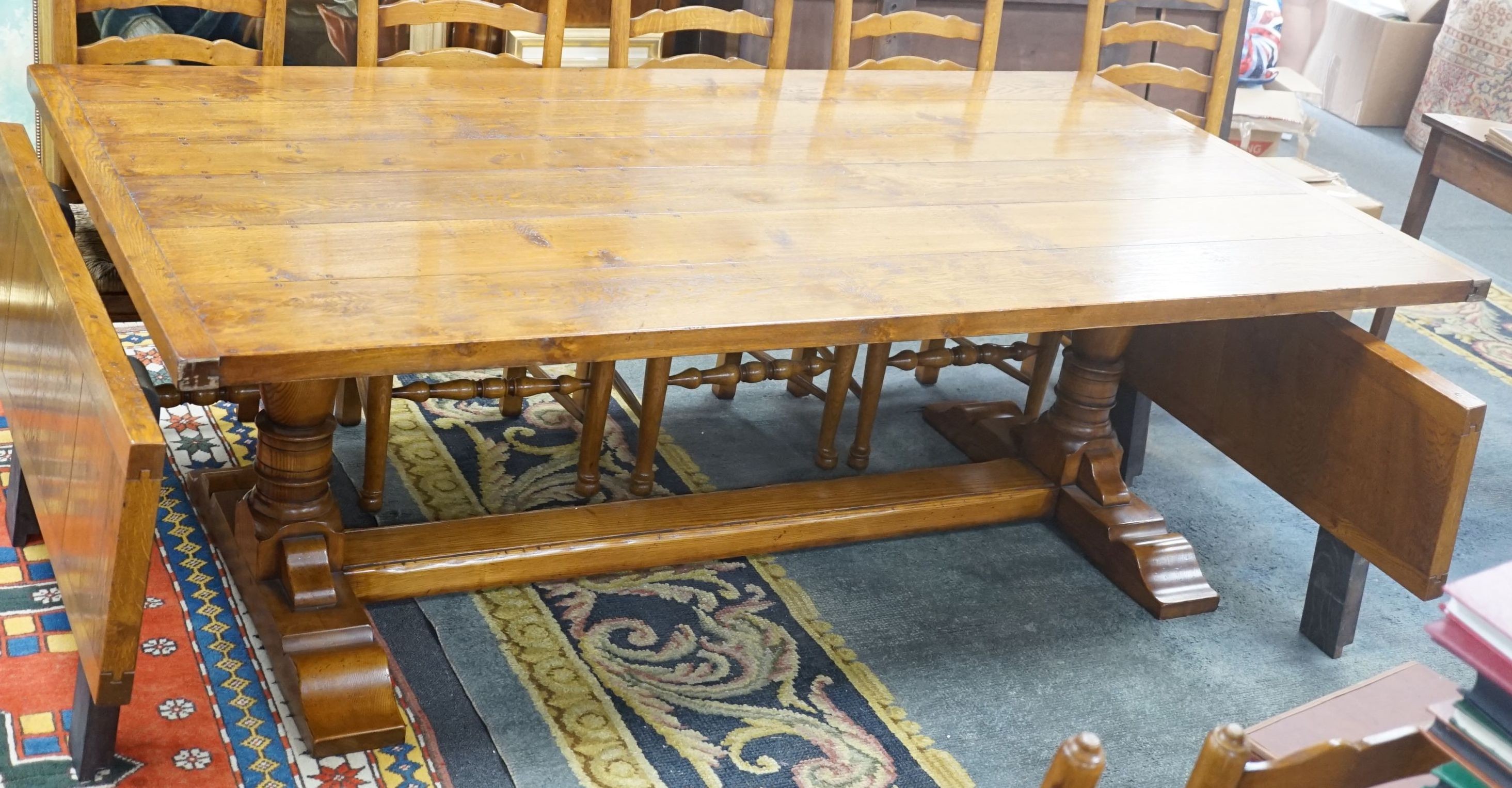 A good 18th century style Belvedere Furniture rectangular light oak refectory dining table, with end extensions, length 305cm extended, width 121cm, height 76cm
